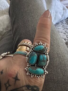 Kingman Sterling Silver Turquoise Statement Ring - Blue Turquoise adjustable
